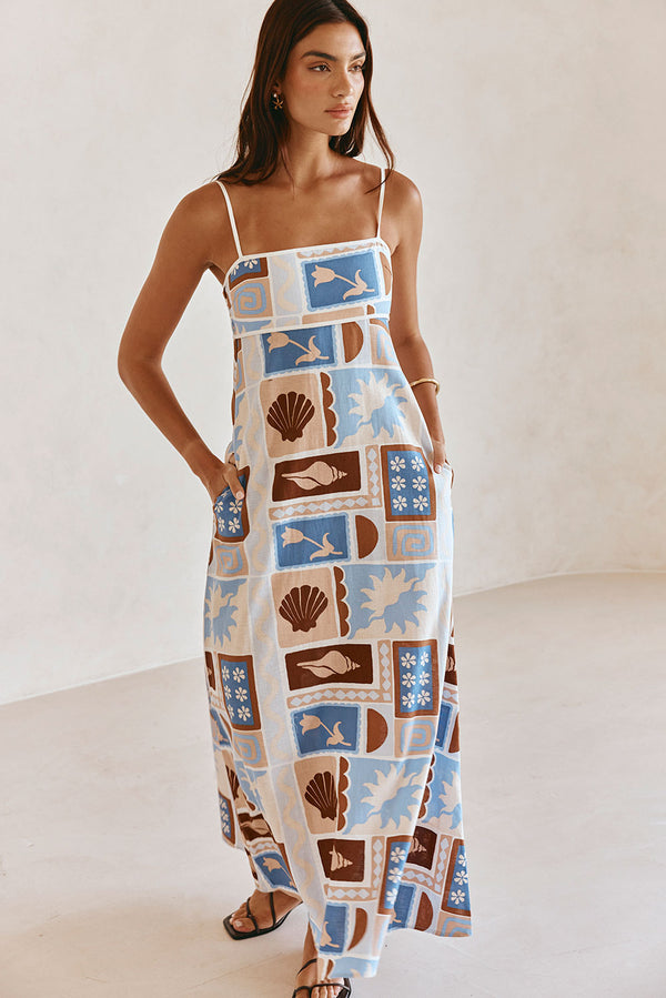 Blue Solis Print Strappy A-Line Maxi Giorgia Dress
