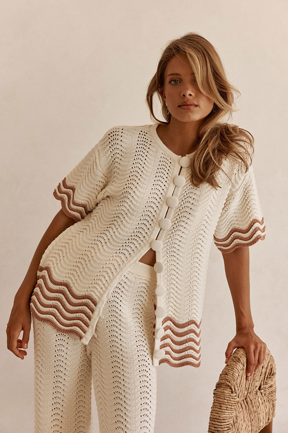 Cream Wavy Cotton Knit Button Up Janaya Top