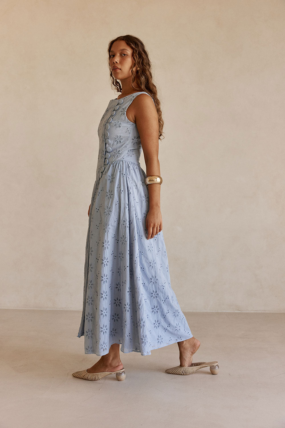 Blue Broderie Button Maxi Odessa Dress