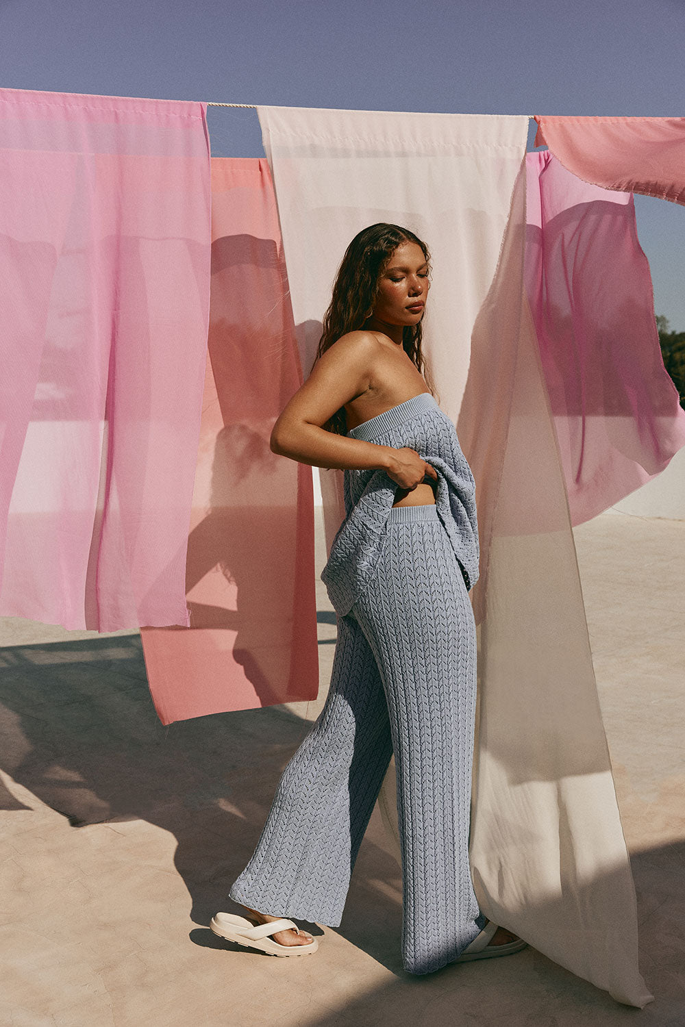 Blue Pointelle Knit High Waist Athena Pants