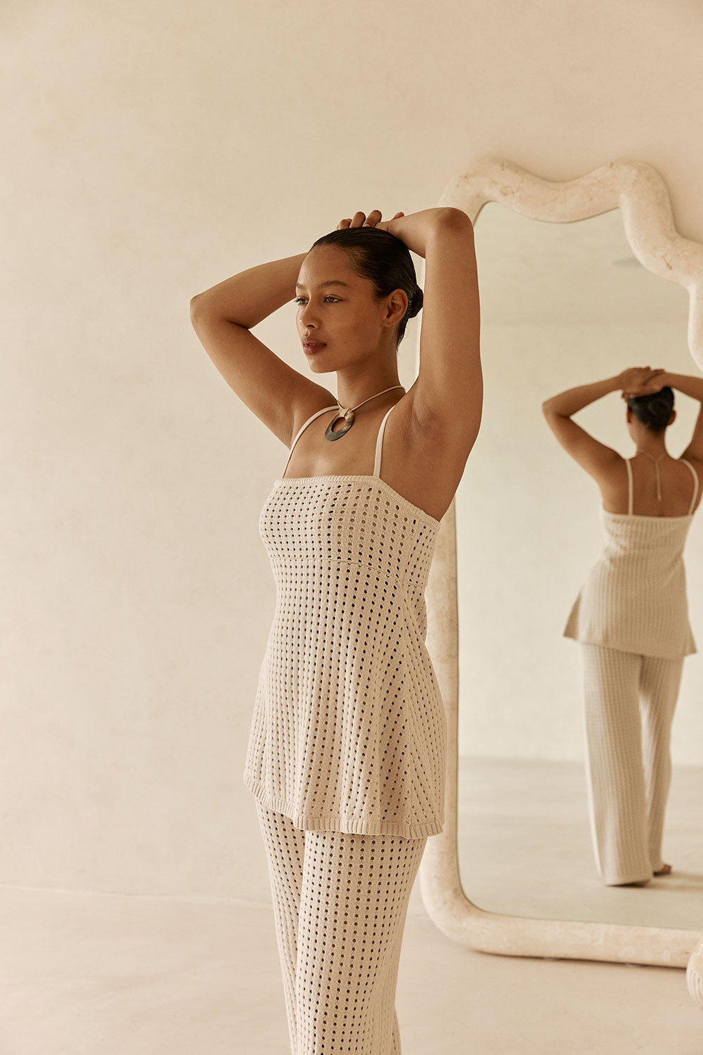 Beige Crochet Knit Strappy Nev Top