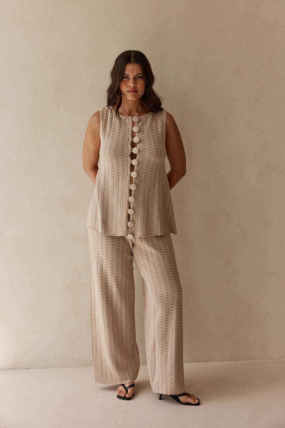 Beige Cotton Knit Button Up Lilah Top