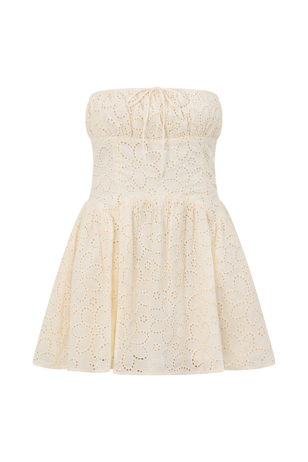 White Broderie Strapless Flouncy Mini Aura Dress