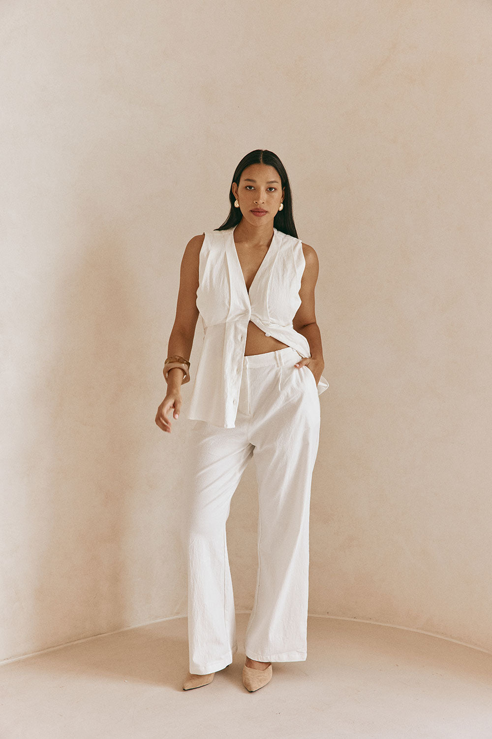 White Structured V Neck Pleated Vespera Top