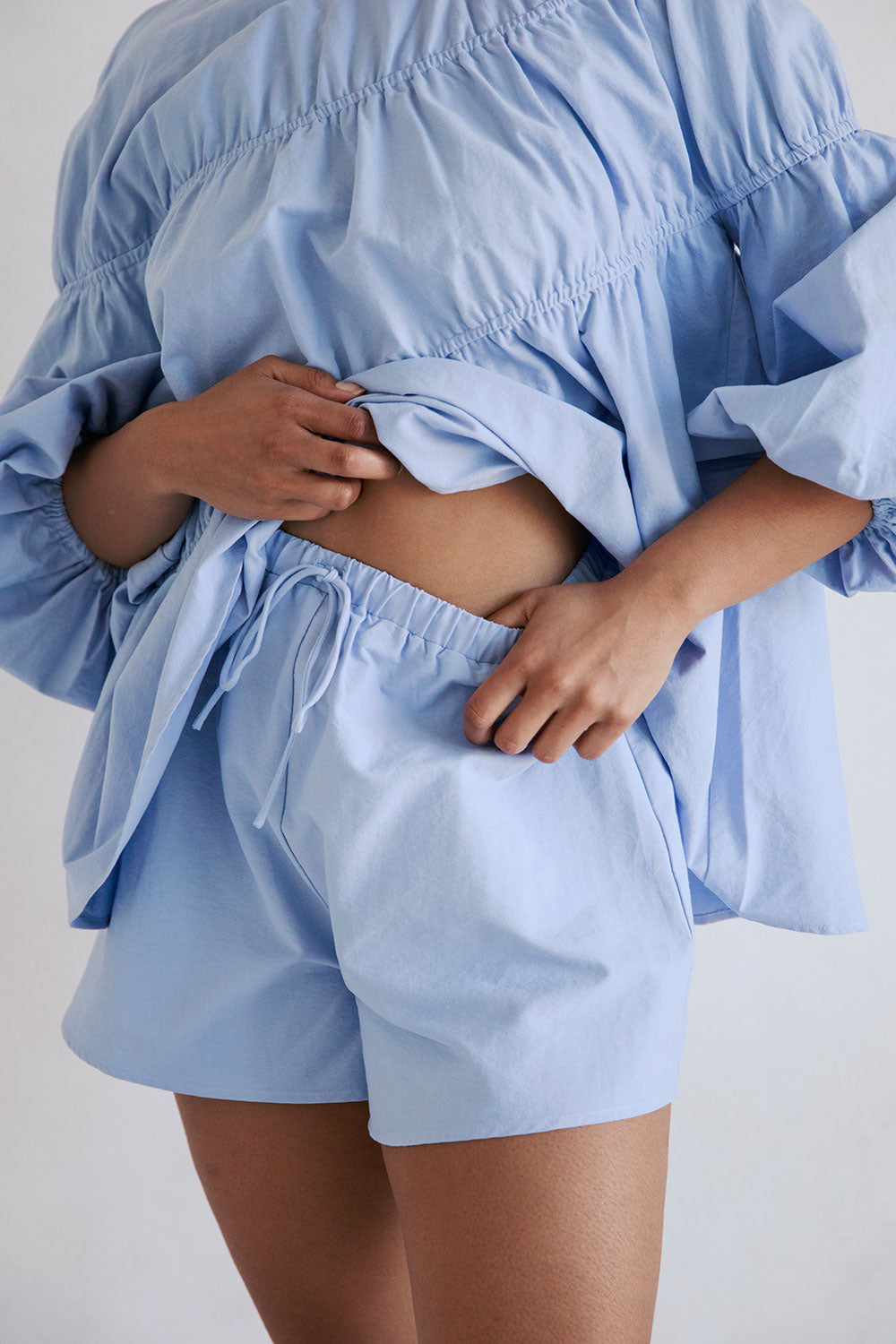 Blue High Waist Elastic Drawstring Akel Shorts