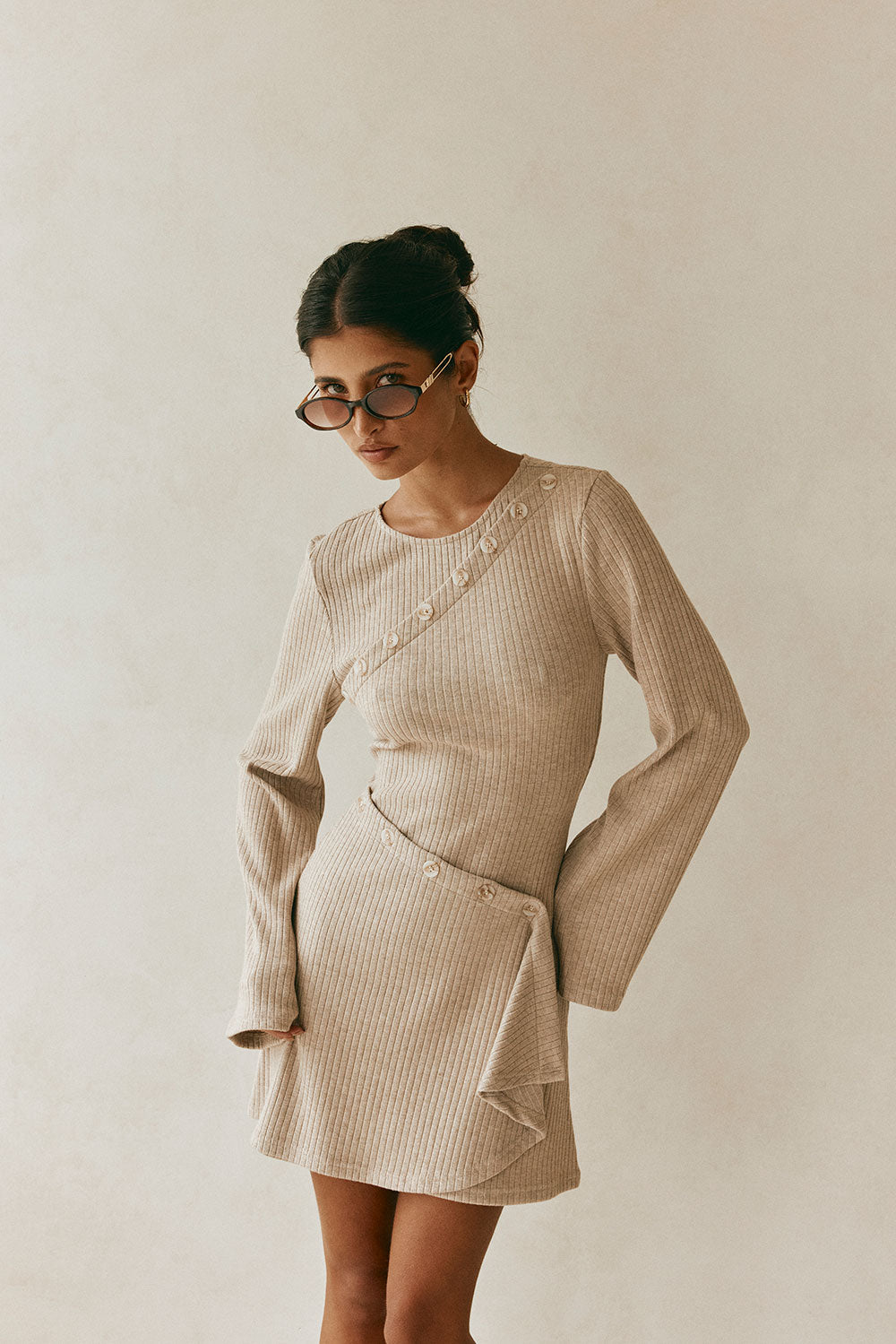 Tan Ribbed Long Sleeve Button Mini Alexia Dress