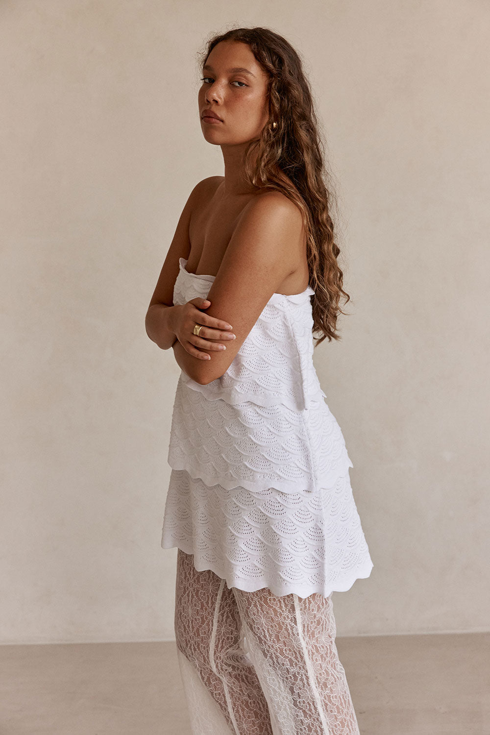 White Ruffle Knit Strapless Mini Arizona Dress