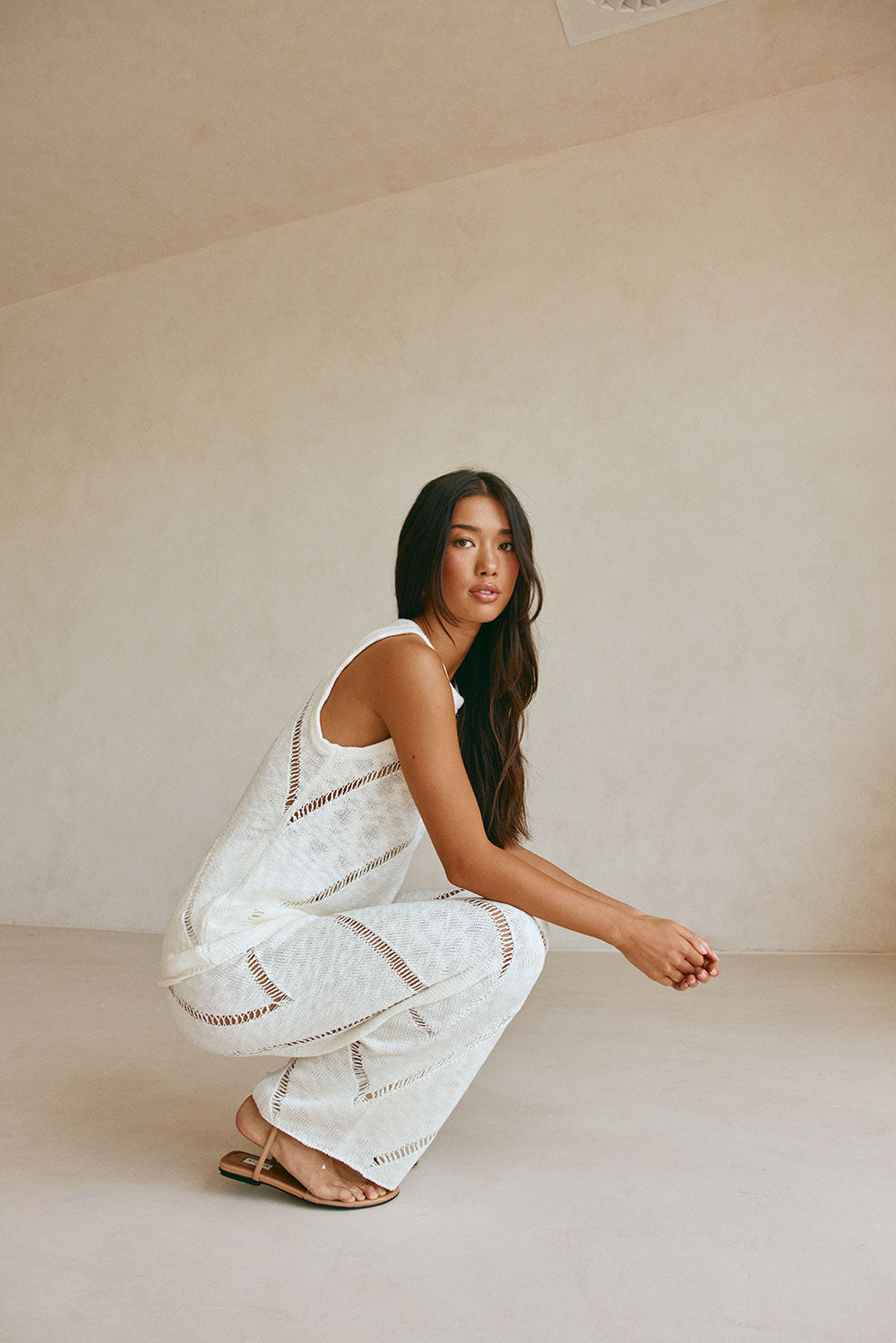 Cream Knit High Waist Ladder Pannel Josiah Pants