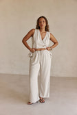 Cream and Black Pinstripe Drawstring Capri Pants