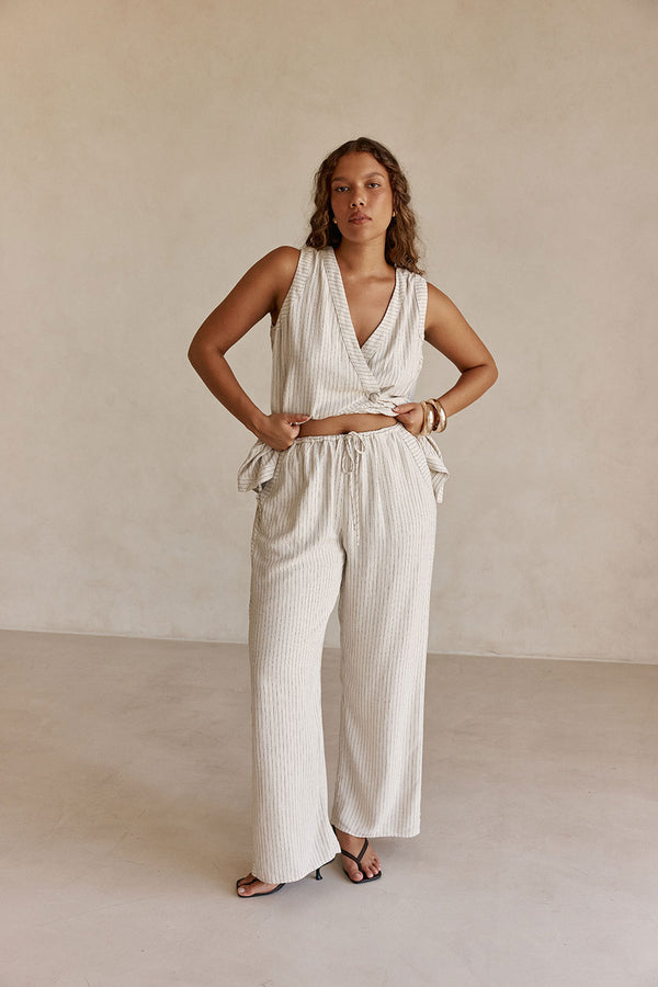 Cream and Black Pinstripe Drawstring Capri Pants