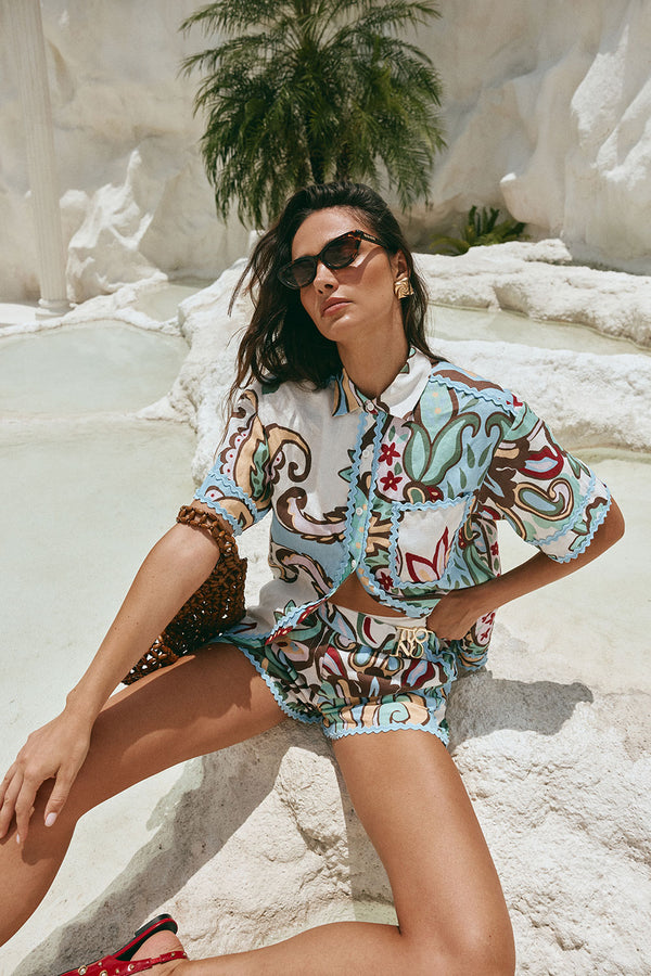 Blue Floral Paradesios Print Belt Cassia Shorts
