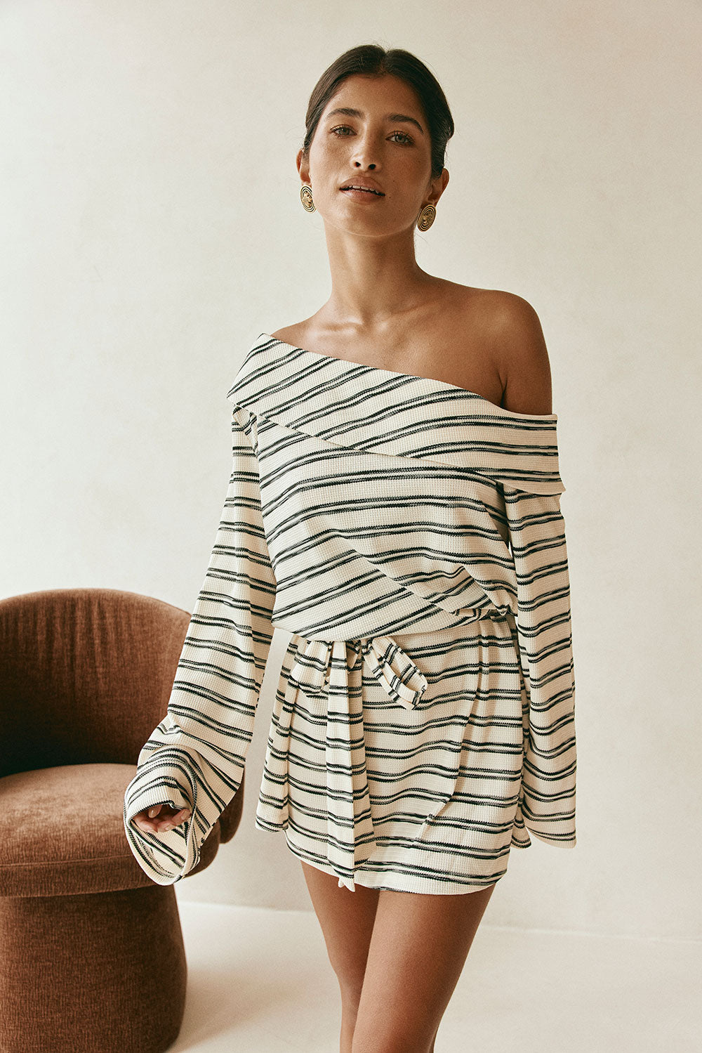 Cabana Off Shoulder Long Sleeve Mini Dress - Cream, Black Stripe