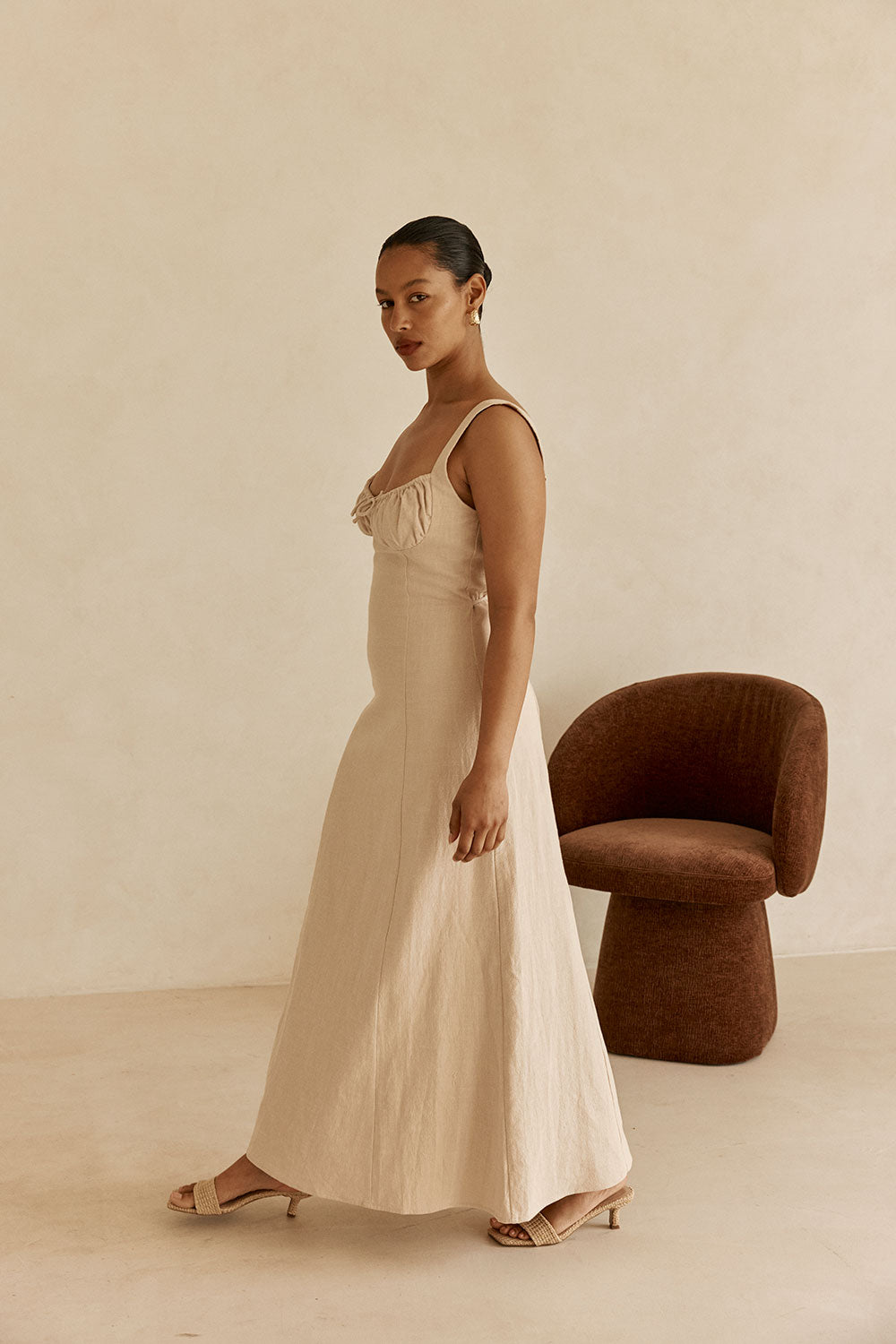 Beige Milkmaid A-Line Maxi Arlette Dress