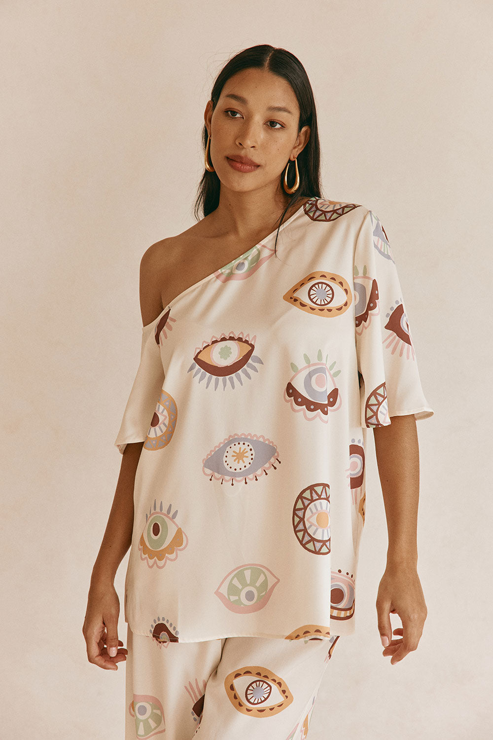 Cream Matia Print Off Shoulder Grace Top