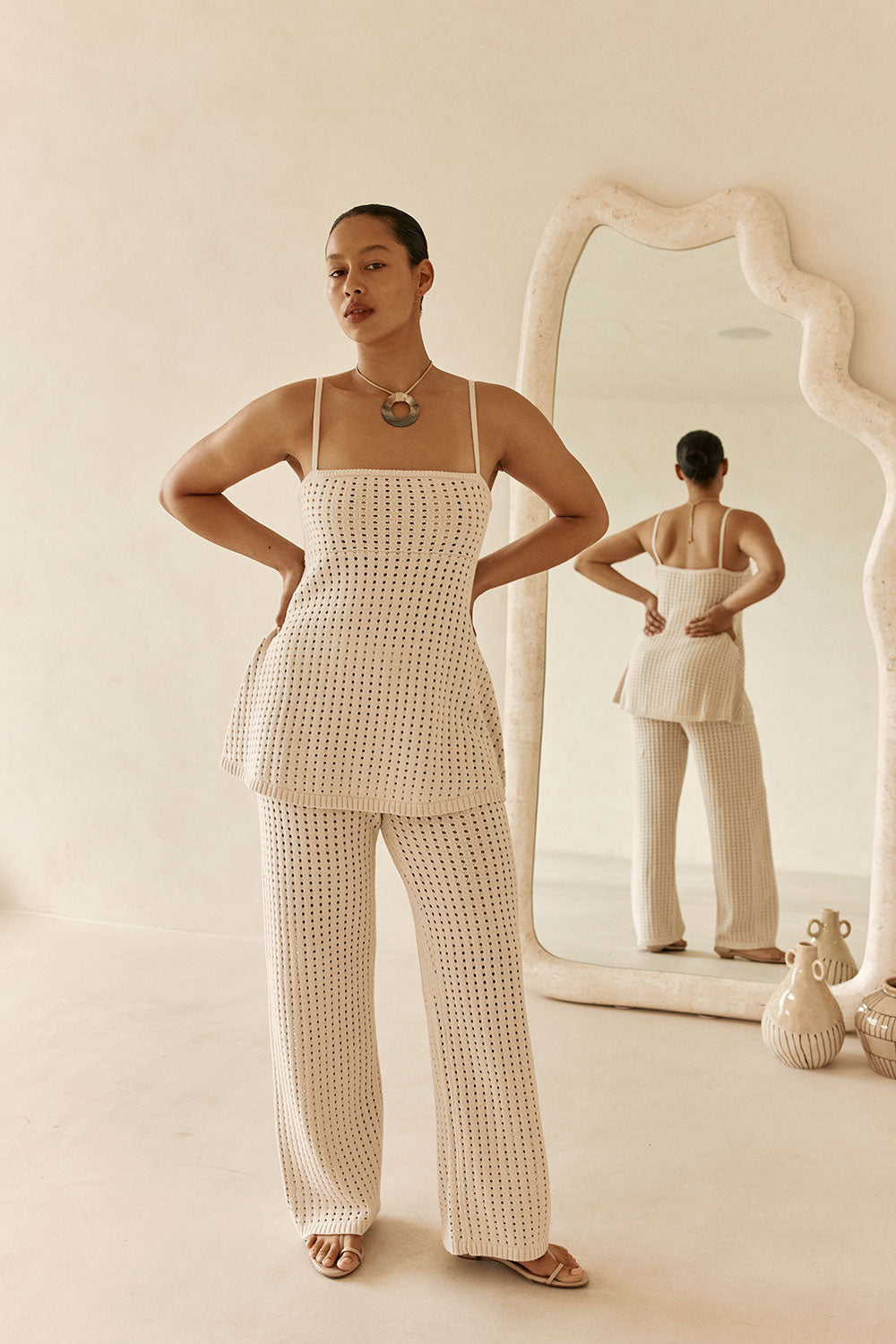Beige Crochet Knit Strappy Nev Top