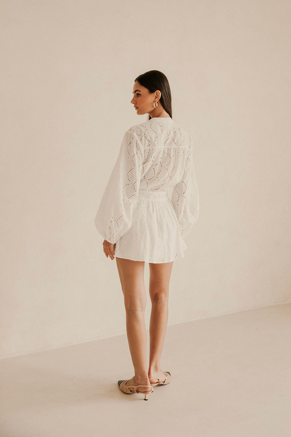 Naima Long Sleeve Button Up Embroidered Mini Corset Dress - White