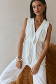 White Structured V Neck Pleated Vespera Top