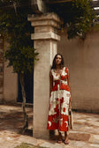 Red Palma Vista Print V Neck Maxi Mira Dress