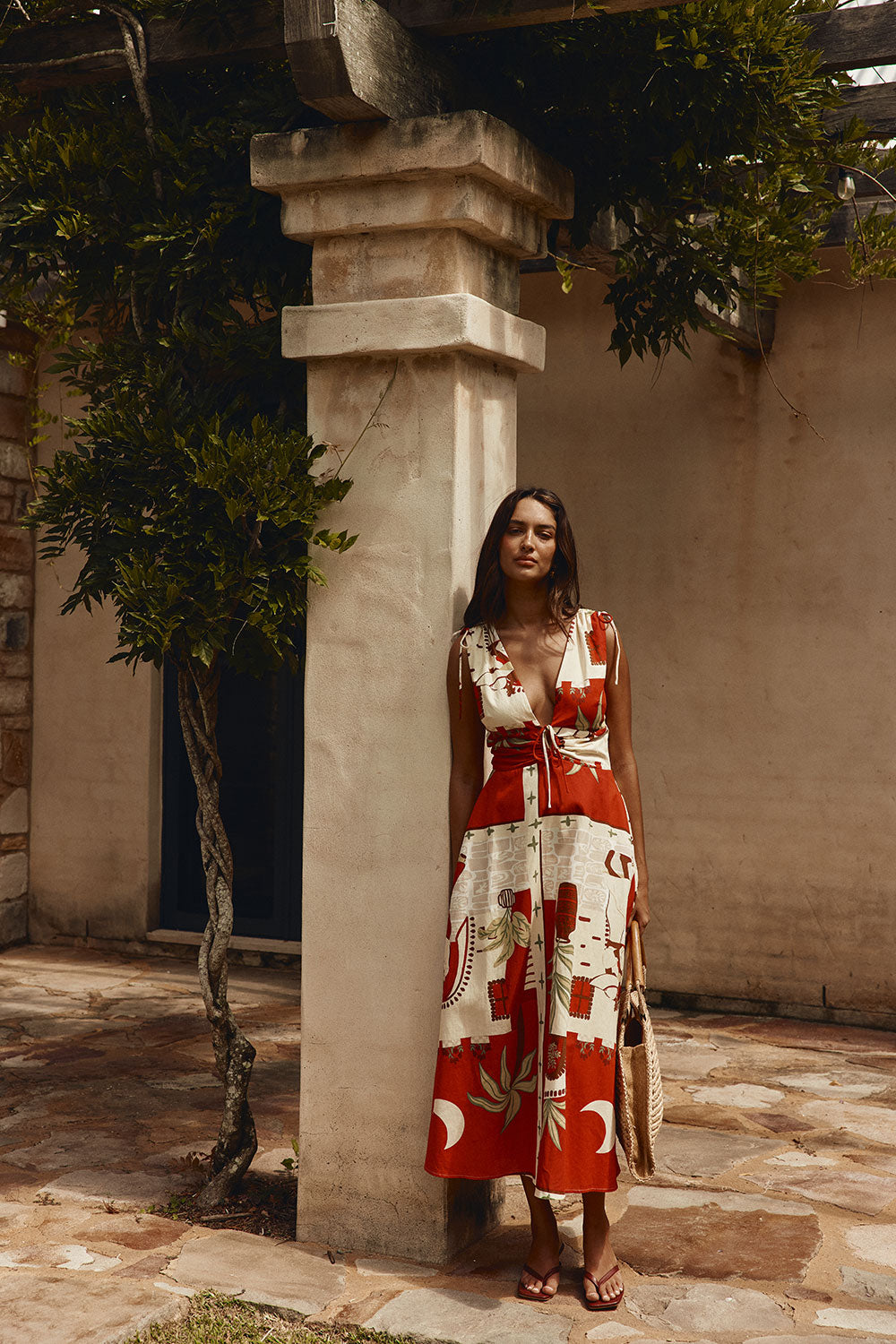 Red Palma Vista Print V Neck Maxi Mira Dress