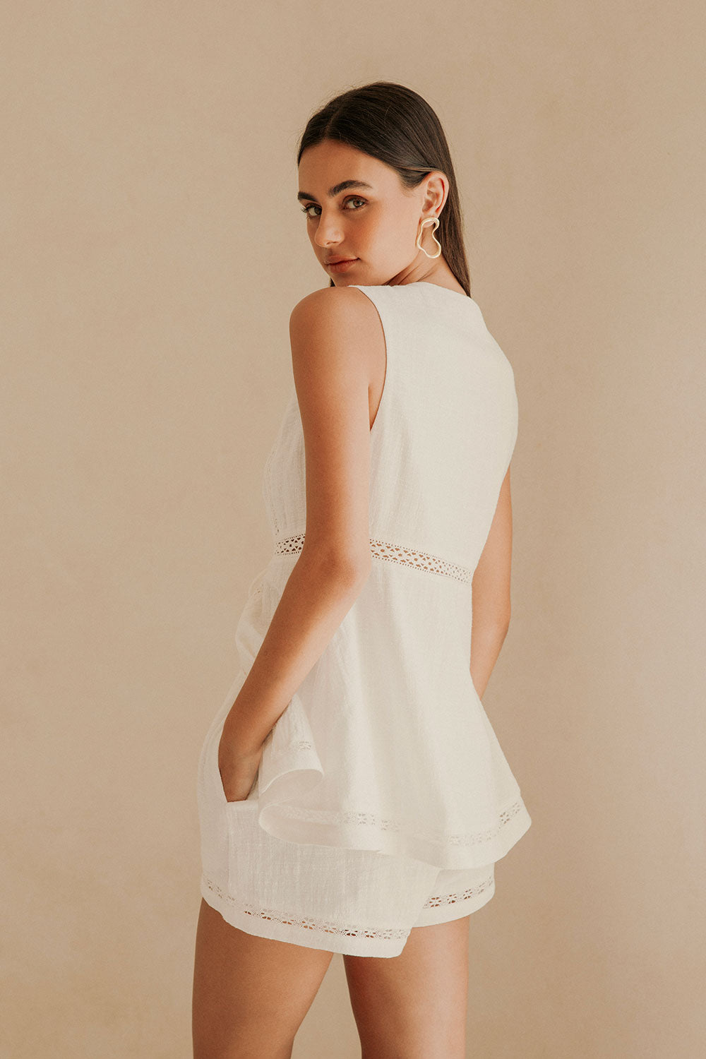 White Cotton Lace V Neck Split Cerelia Top