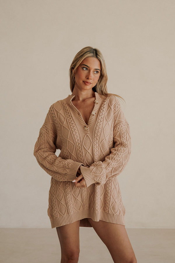 Tan Knit Long Sleeve Collar Mini Kaylan Dress