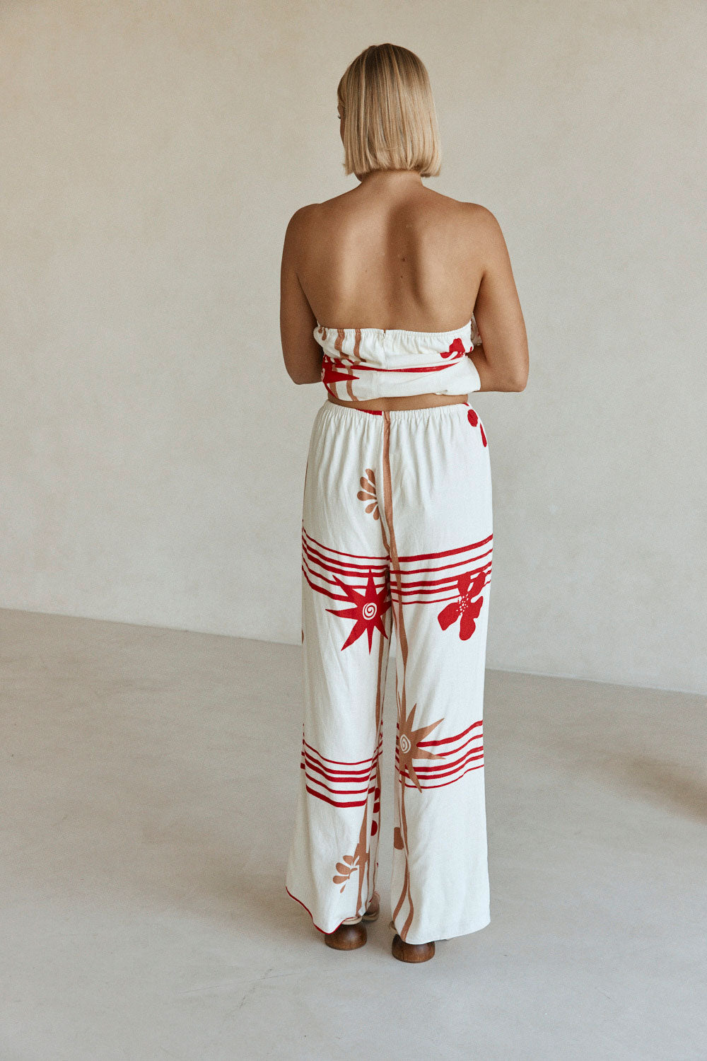 Cream Moana Red Print Elastic Drawstring Aspyn Pants