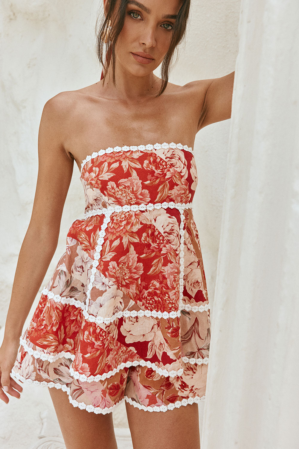 Red Floral Solafleur Print Strapless Hera Playsuit