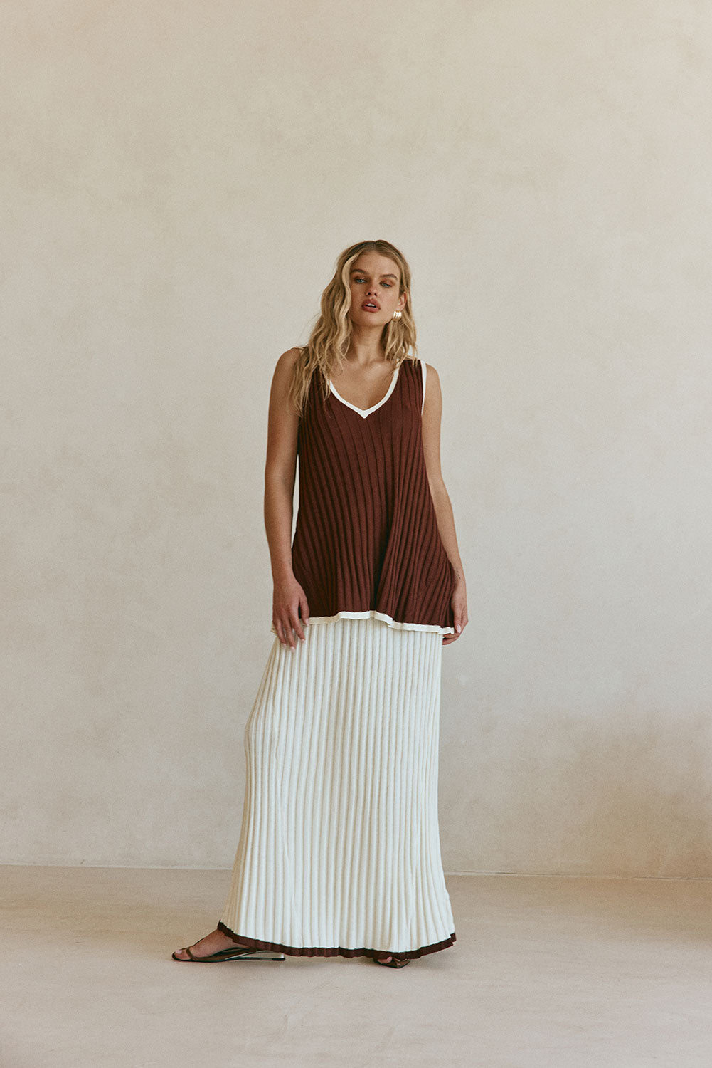 Chocolate Brown Ribbed V Neck Silla Top