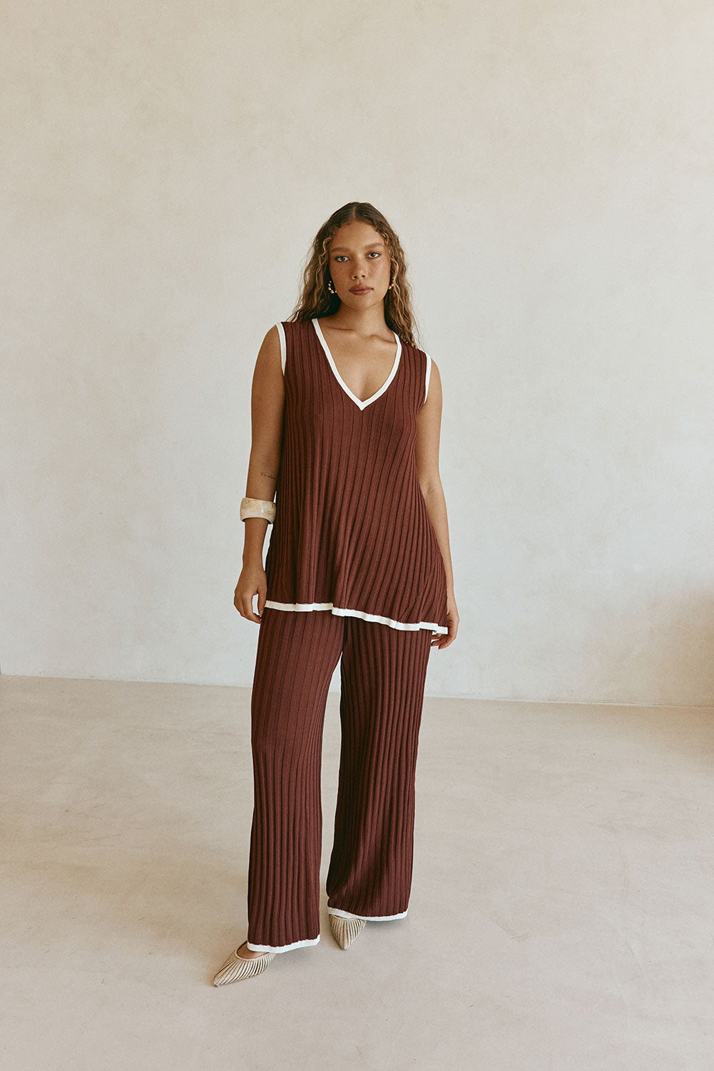 Chocolate Brown Ribbed V Neck Silla Top