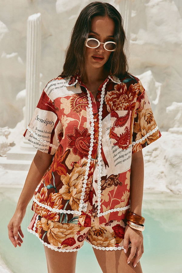 Red Floral Barocca Print Button Up Bia Shirt