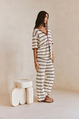 Mia Elasticated Pants - Cream, Brown stripe