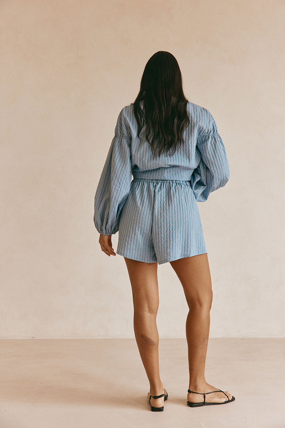 Blue Stripe Elastic Drawstring Hailey Shorts
