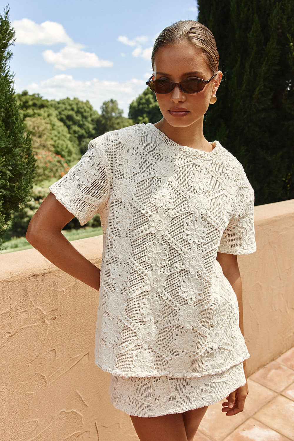 Beige Crochet Lace Rosiah T Shirt Top