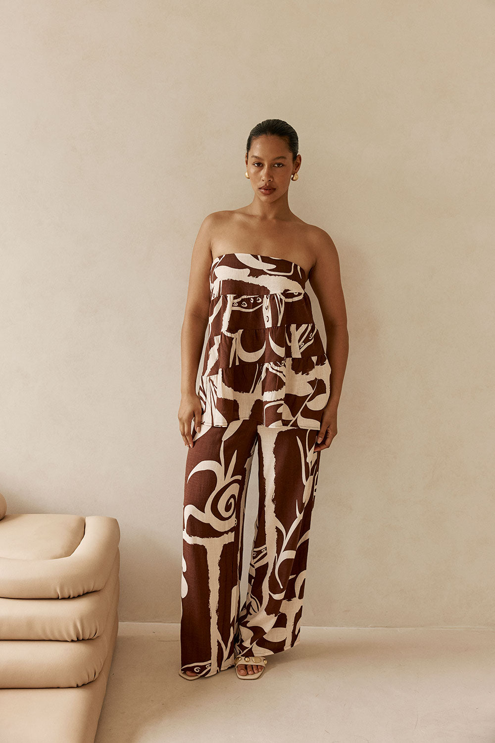 Brown and Cream Painted Tiles Strapless Presley Top