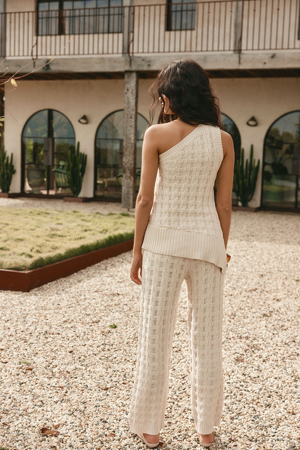 Beige Textured Knit One Shoulder Asymmetric Amirah Top
