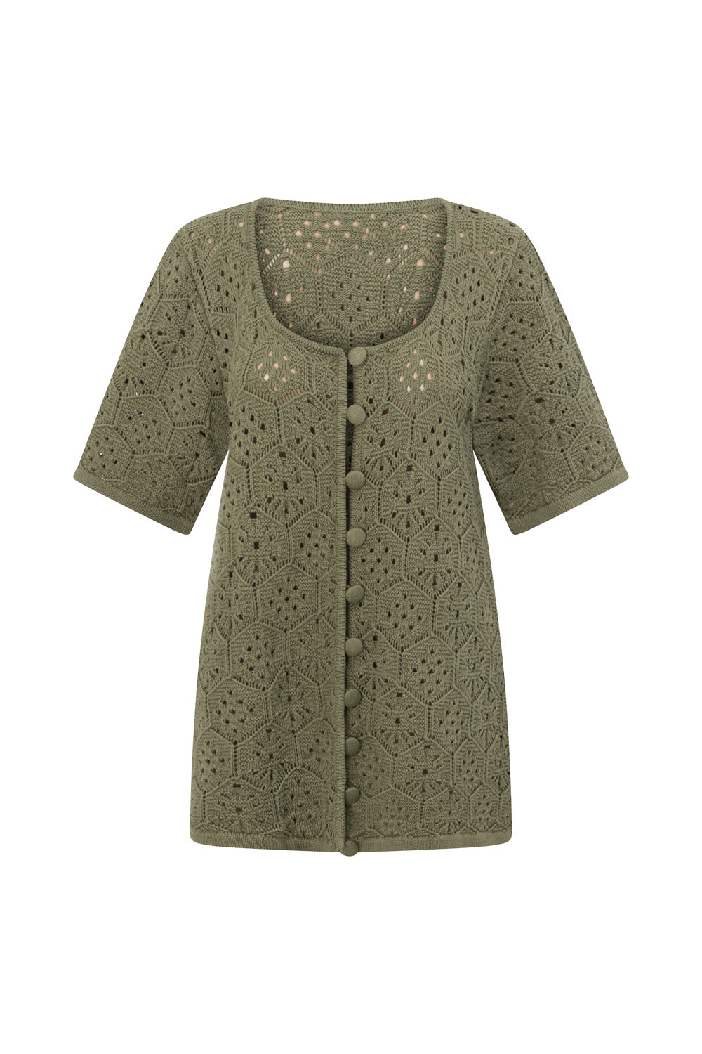Khaki Green Crochet Knit Button Up Umiko Top