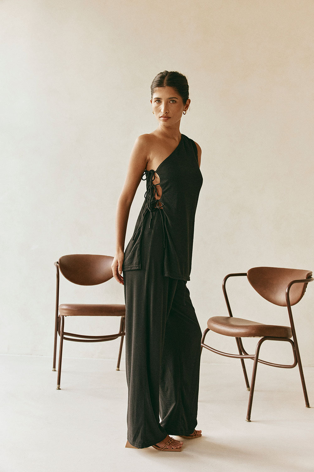 Zen One Shoulder Side Tie Top - Black