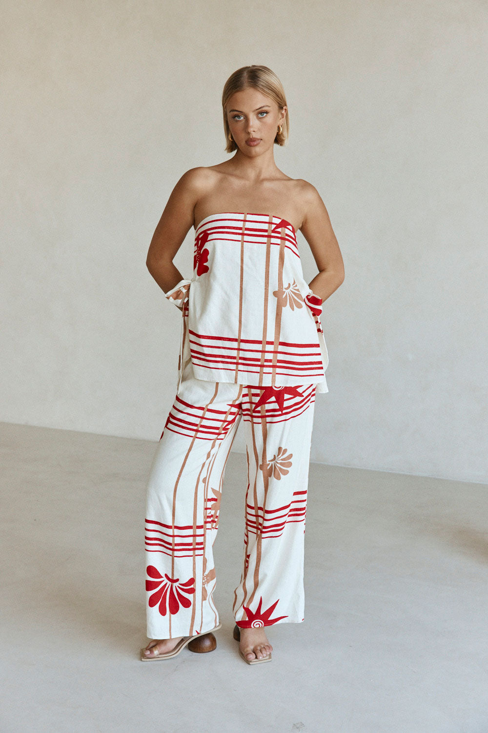 Cream Moana Red Print Elastic Drawstring Aspyn Pants