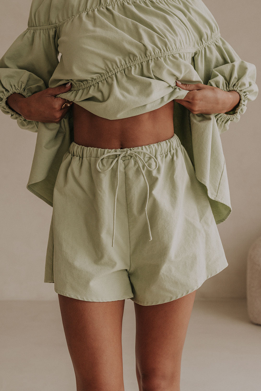 Mint Green High Waist Elastic Drawstring Akel Shorts