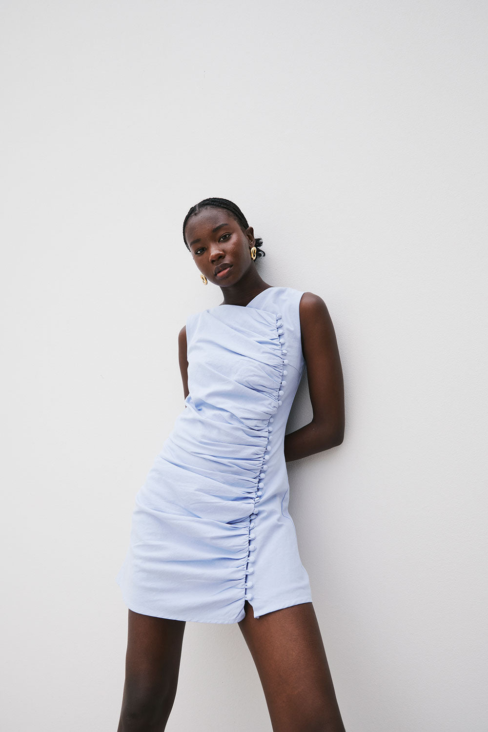 Blue Ruched Button Mini Alchemy Dress