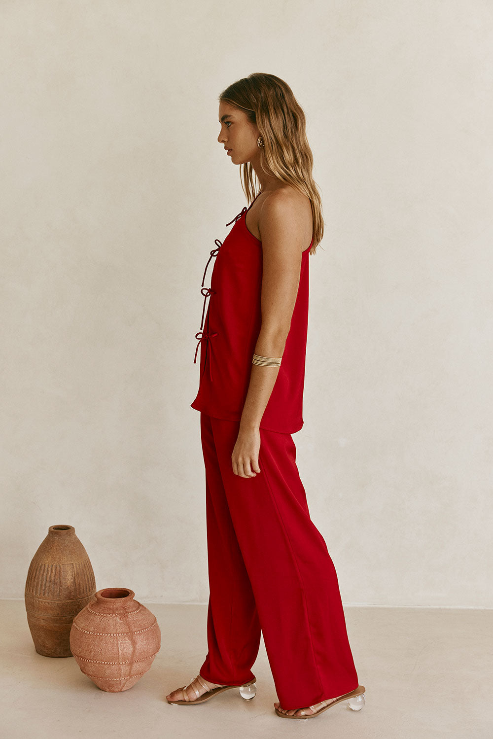 Red Backless One-Shoulder Front Tie Natalie Jumpsuit