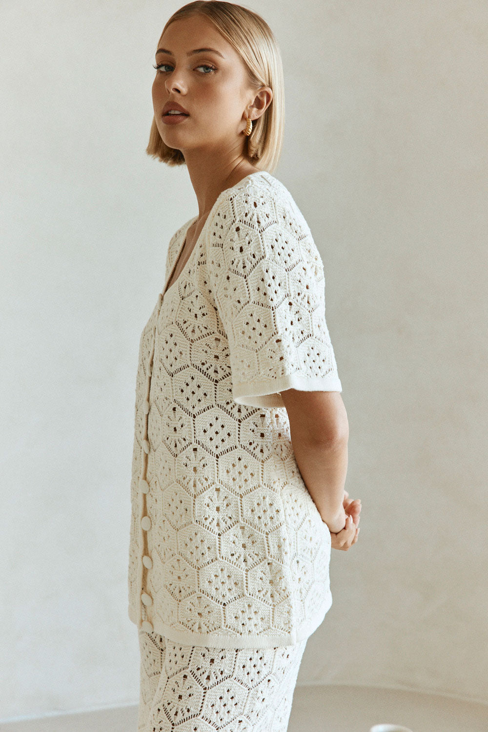 Cream Crochet Knit Button Up Umiko Top