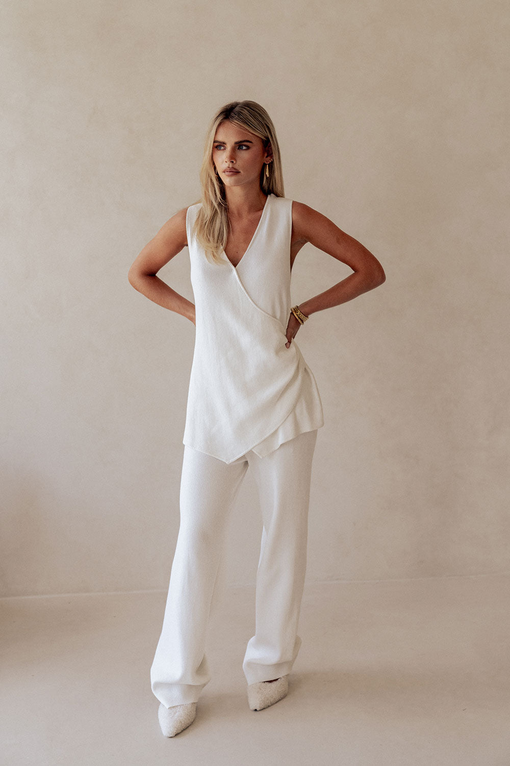 White Asymmetric V Neck Wrap Teah Top