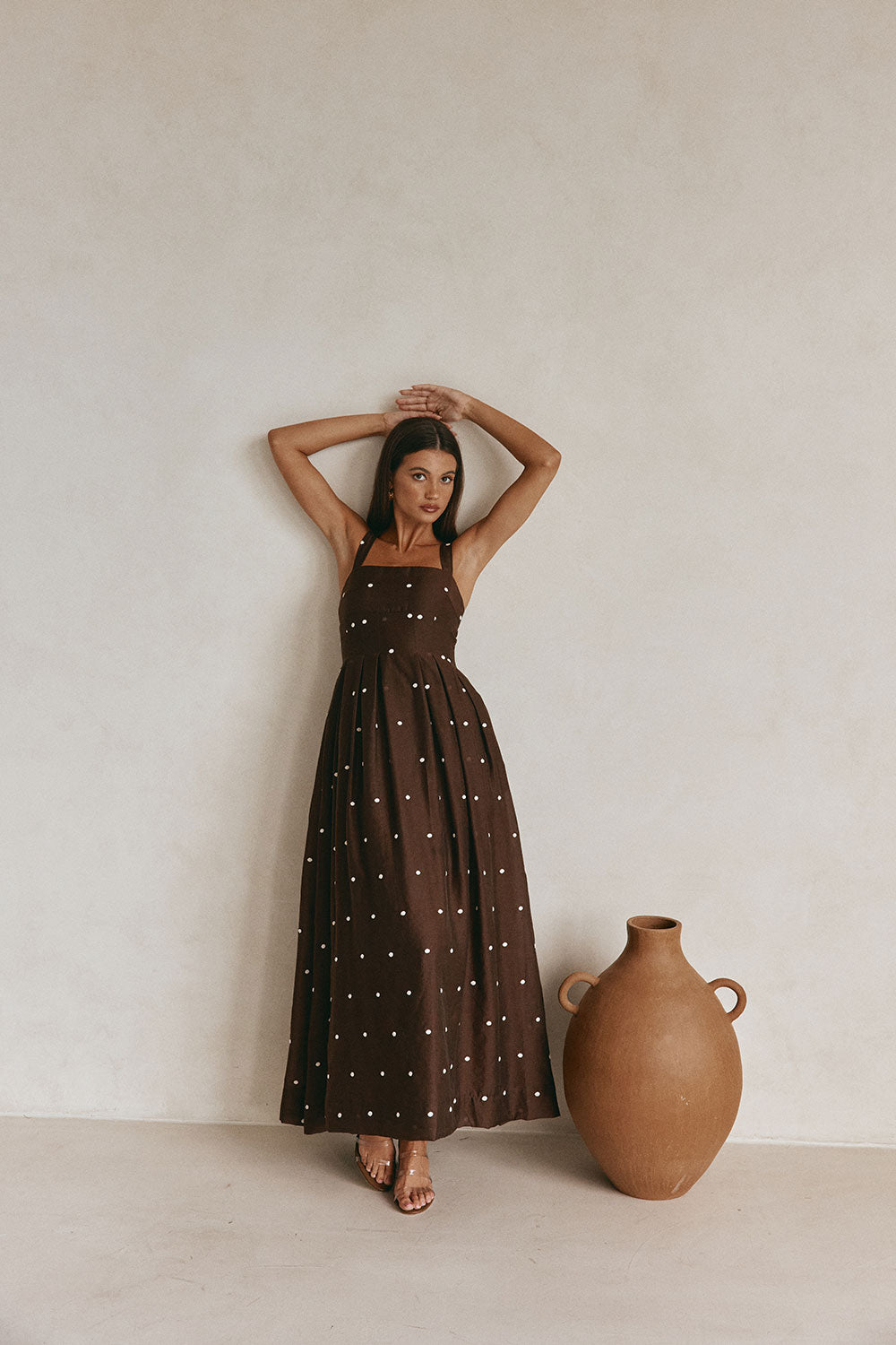 Chocolate Speck Polka Dot Pin Tuck Maxi Flores Dress