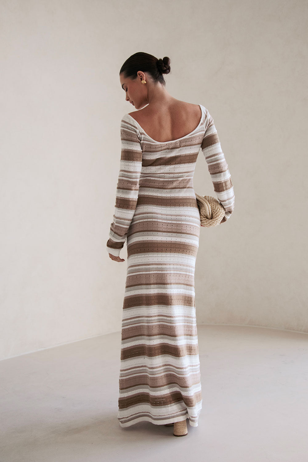 Tameeka Knit Maxi Dress - Stripe White Brown Grey