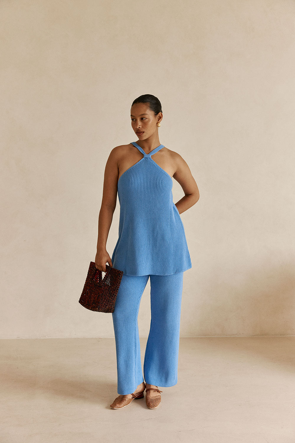 Blue Ribbed Knit Halter May Top
