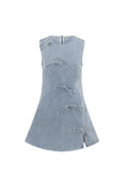 Blue Denim A-Line Bow Mini Kapri Dress