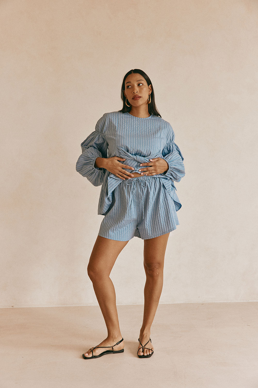 Blue Stripe Elastic Drawstring Hailey Shorts