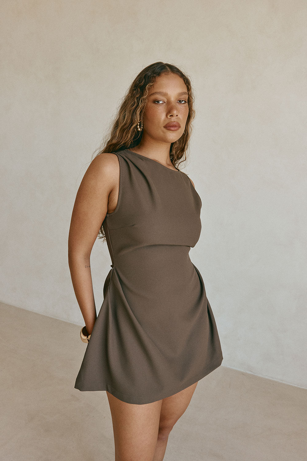 Chocolate Brown Gathered Mini Camellia Dress