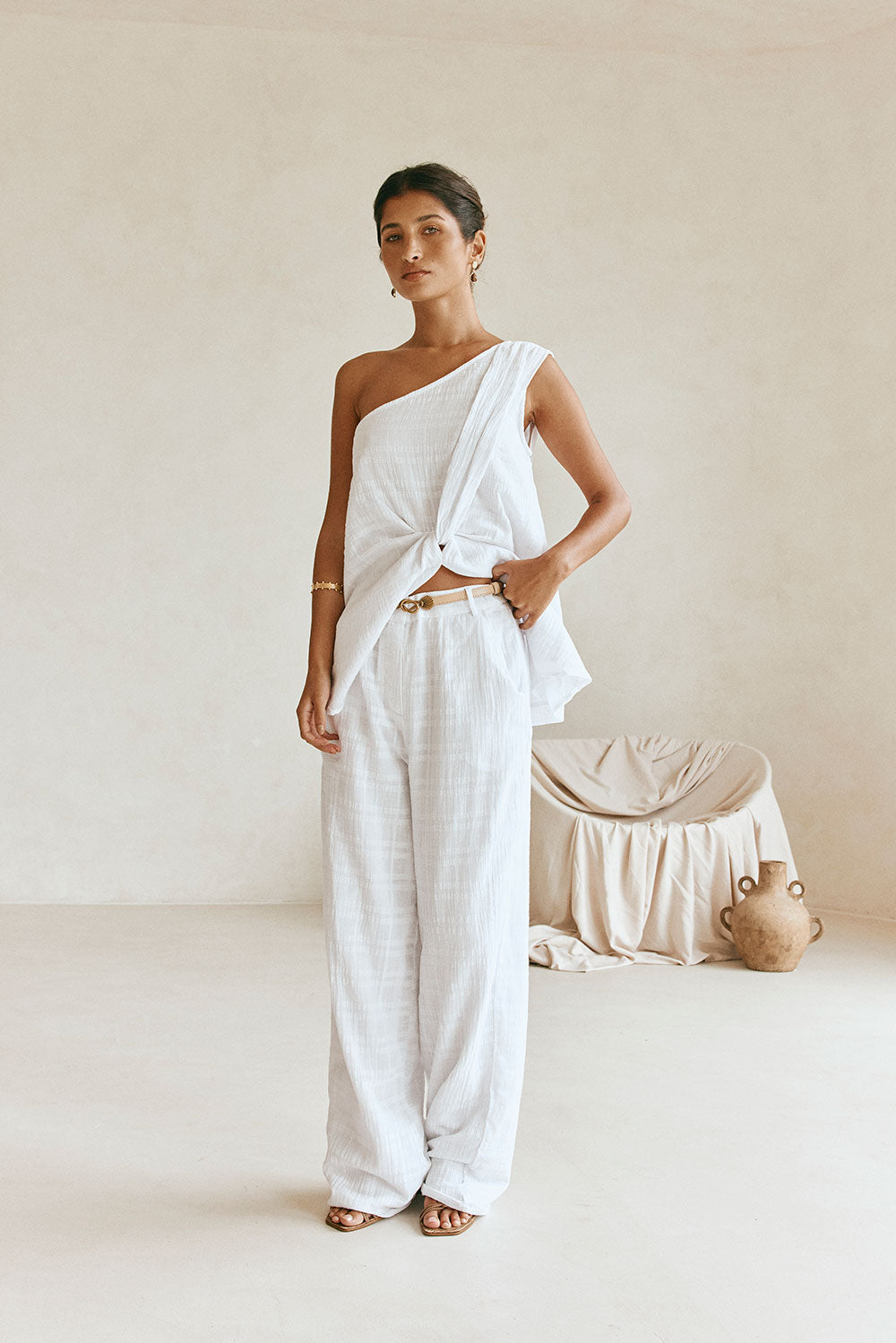 White Plaid One Shoulder Split Knot Sofia Top